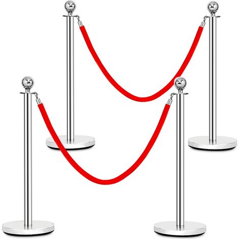 COSTWAY Personenleitsystem, 4 Abgrenzungsstaender mit 2 Kordeln, Absperrstaender Absperrpfosten Gurtpfosten Absperrung, Silber, Edelstahl (1/5)