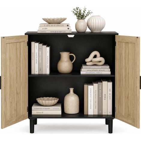CHICFURN Aparador 80 x 40 x 88 cm en MDF negro con ratán, puertas magnéticas para salón y entrada (1/5)