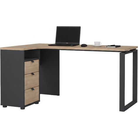 Dmora - Schreibtisch Noemie, Mehrzweckschreibtisch, Bürotisch für PC, Eckschreibtisch, 150x100 h76 cm, Eiche und Grau