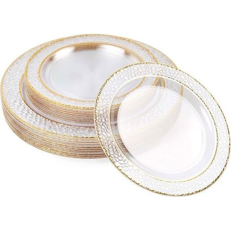 40 Assiettes en Plastique Rigide Premium avec Bord Doré (2 Tailles) - Assiettes Dorées Réutilisables en Plastique Dur (1/5)