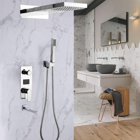 Sistema de ducha de lluvia, Panel de ducha con ducha de mano, Alcachofa de ducha, Termostato empotrado, Conjunto de ducha, Montaje en pared moderno, Plateado