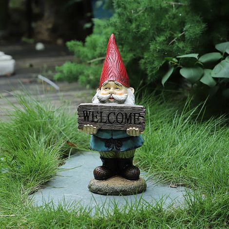 Gnomo de jardín "Bienvenido", resistente a la intemperie, de piedra artificial, para jardín, puerta de entrada, colorido (1/3)
