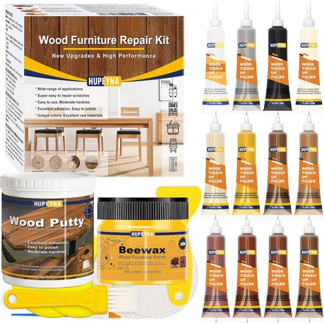 Kit Reparation Parquet, Kit de Réparation de Meubles en Bois 21 Pièces Kit de Réparation de Bois Mastic de Bois et Cire D'abeille, Reparation Fissures, Rayures, Trous Surfaces Décolorées (1/5)