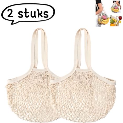Lot de 2 sacs de courses en filet de coton avec anses pour fruits et légumes couleur blanc cassé (1/5)