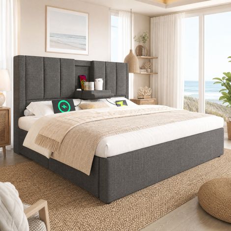 Letto matrimoniale 160x200 cm con contenitore idraulico, rete, USB e lino grigio REDOM (1/5)