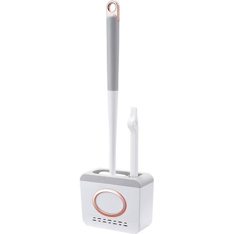 1 brosse WC, tête plate en silicone, support anti-gouttes, couleur gris clair et gris foncé, pour nettoyage en profondeur (1/5)