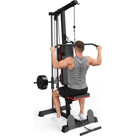 Station de musculation multifonction avec banc - Appareil de musculation réglable - disque de poids de 25 kg - Siège réglable - charge maximale 180 kg - pour le dos, la poitrine et les triceps (1/5)