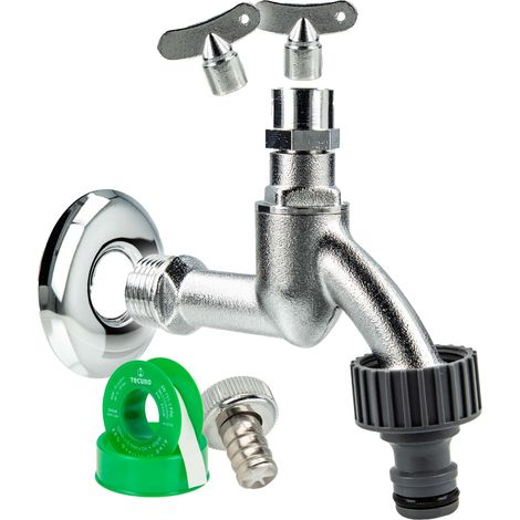 tecuro Auslaufventil 1/2 Zoll, Steckschlüssel-Oberteil, Steckkupplung, Wandrosette, Dichtband, MS mattverchromt