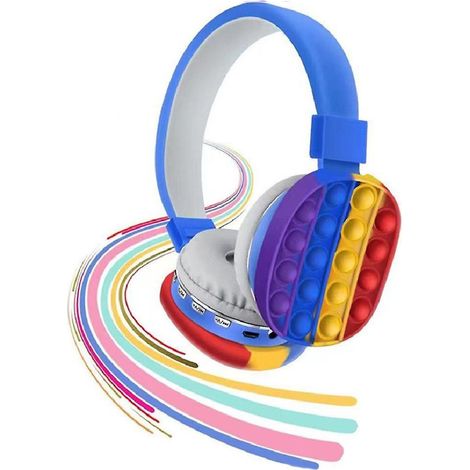 Trade Shop - POPIT BLAU KOPFHÖRER KINDER KABELLOS RADIO BLUETOOTH REGENBOGEN FALTBAR SD USB - (1/5)
