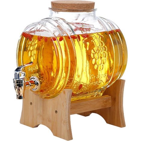 Distributeur de boissons - Tonneau - Design horizontal avec support en bois et robinet anti-fuite - 5 litres - Pour réfrigérateur, bar ou fête (1/5)