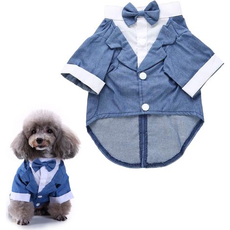 Veste Pour Chien - Costume Formel Avec Nœud Papillon Bleu - Tissu Coton Mélangé - Tailles S À XL - Pour Chiens Et Chatons (1/5)