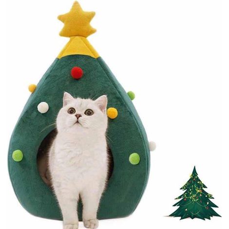 Cama navideña de invierno para gatos, Cama con forma de árbol de Navidad para gatos, Cama portátil de interior para gatos, 65 x 45 x 45 cm, Verde (1/5)