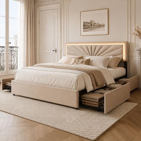 Letto matrimoniale 160x200 cm con 4 cassetti contenitore, letto per adulti con LED RGB e testiera regolabile, design a ventaglio in tessuto di lino, Beige (1/5)
