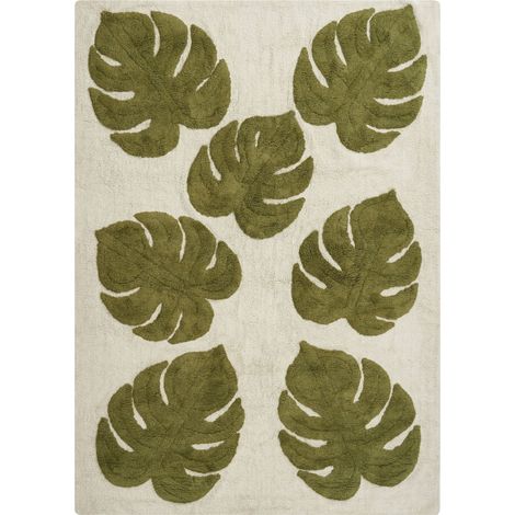 Tapis en Coton 140 x 200 cm pour Enfants Forme Rectangulaire Motifs de Feuilles Beige et Vert Botanist (1/5)