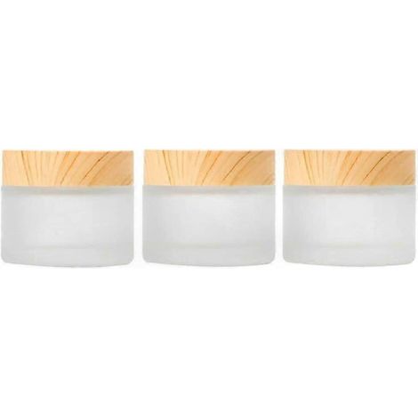 Lot de 3 bocaux en verre dépoli avec couvercles imitation bois, idéaux pour cosmétiques et lotions, livrés avec joints internes pour rangement sûr (1/5)