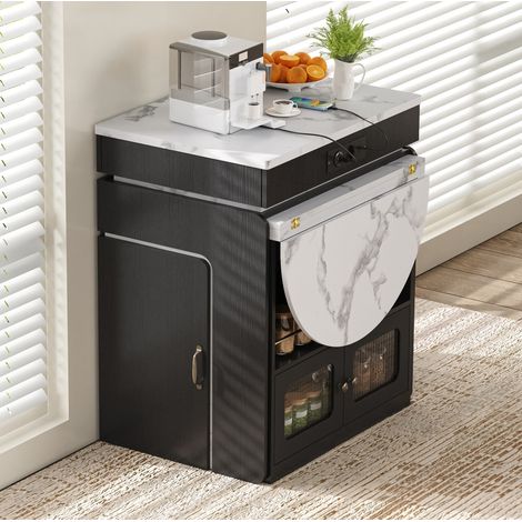 Isla de cocina extensible con ruedas, enchufes, USB/Type-C y LED, negra, OKWISH (1/5)