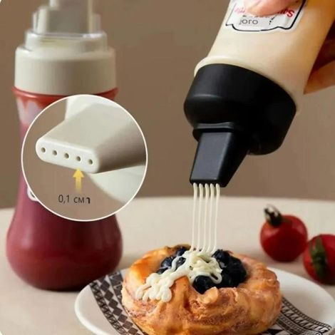 Botella dispensadora de salsa de 350 ml con 5 orificios y tapón multiflujo para ketchup, mostaza y mayonesa.