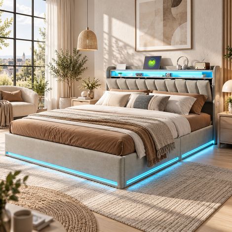 Lit Double 140x190 cm, Lit Coffre Hydraulique avec Tête de Lit Rangement LED ports USB et Sommier à Lattes, Velours Gris (1/5)