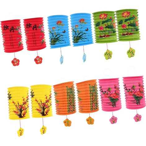 12pièces Lanternes Suspendues Chinoises Papier Lot Motifs Floraux Style Traditionnel pour Décorations de Fête Intérieure et Extérieure (1/5)