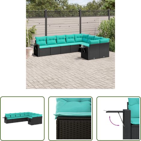 Gartenmöbel -  9-teiliges Gartensofa-Set mit Kissen, schwarzes Polyrattan (1/5)