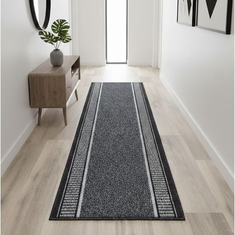 Tapis Long pour Couloir, Cuisine, entrées antidérapantes, Coloris Taupe et Anthracite, Lavable en Machine et à la Main. (1/5)