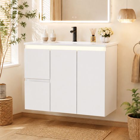 Modernluxe - Meuble de salle de bain mural avec vasque en céramique - avec 2 tiroirs et 1 porte - avec LED - Finition laquée - Blanc (1/5)