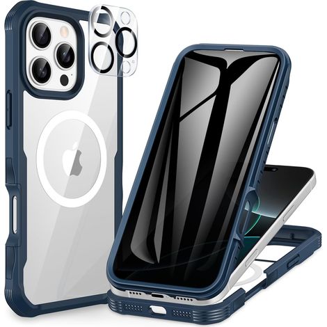 Magnétique Anti Espion Coque iPhone 16 Pro, Compatible avec MagSafe intégré Verre Trempé Protection écran et Protecteur Caméra, Antichoc Téléphone Housse Double Face Etui Intégrale - Bleu (1/5)