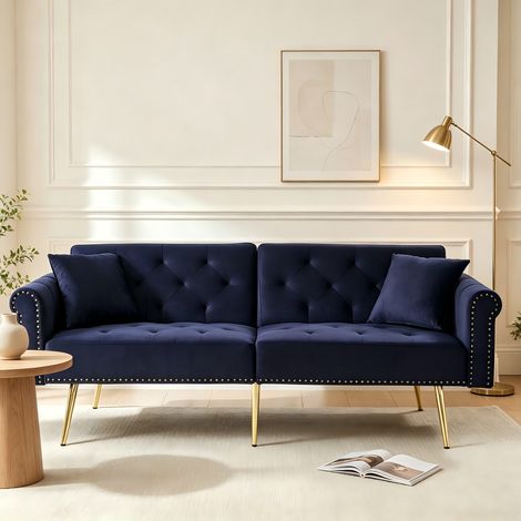 Canapé convertible 2 places en velours – Canapé droit avec 3 positions – Pieds métal doré et 2 coussins – Gain de place pour salon et chambre – 173x75x70 cm – Bleu (1/5)