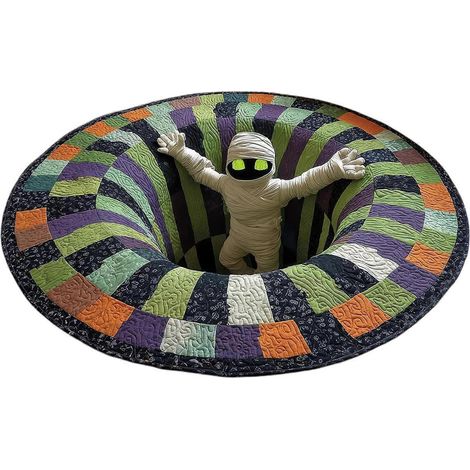 Tapis d'Halloween rond rembourré 3D squelette-vortex antidérapant grand format idéal pour la décoration intérieure et le salon - 100 cm - B (1/5)