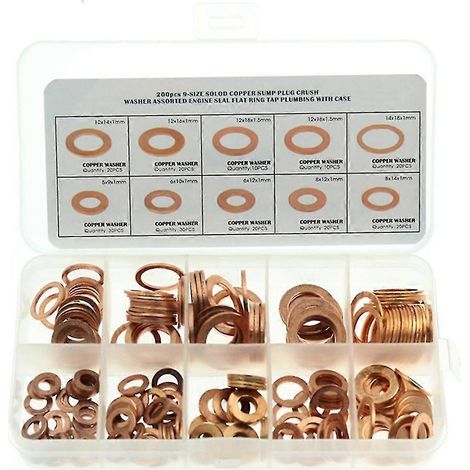 Kupfer-Unterlegscheiben-Sortiment-Set, 200-teiliges metrisches Kupfer-Dichtungsscheiben-Set in 9 Größen (1/5)