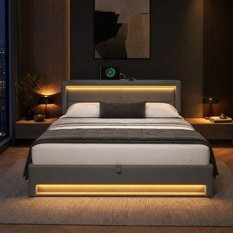 Lit coffre 160 x 200 cm avec USB, LED et rangement, gris HAVRYA (1/5)