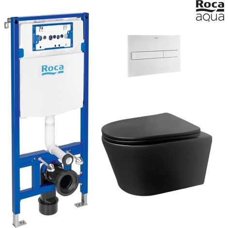 BASTIDOR ROCA DUPLO PACK CISTERNA EMPOTRADA Y PULSADOR PL7 BLANCO MATE CON INODORO SUSPENDIDO Rimless LIA Negro de AzulBath (1/5)