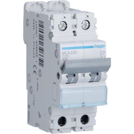 Interruttore automatico magnetotermico 2 poli 20 a 6 ka curva c 2 m. din hager mca220