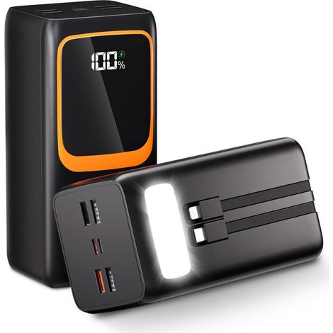 50.000 mAh Powerbank mit integriertem Kabel: Leistungsstarke, schnellladefähige 22,5-W-Powerbank, tragbares Ladegerät mit LED-Taschenlampe und 7 Ausgängen & 3 Eingängen (2 x 25.000 mAh) (1/4)