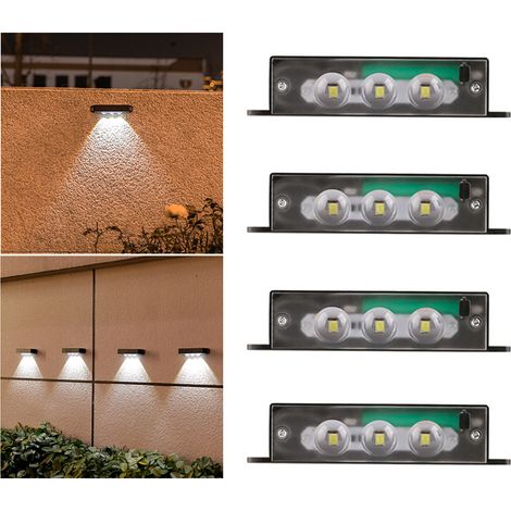 Lot de 4 lampes solaires d'extérieur pour clôture/mur, 3 LED, IP65, Blanc, Allumage automatique du crépuscule à l'aube (1/5)