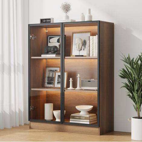 Vitrine en verre et panneaux de particules noyer naturel 80 x 30 x 106 cm, 2 portes, LED et 3 niveaux (1/5)