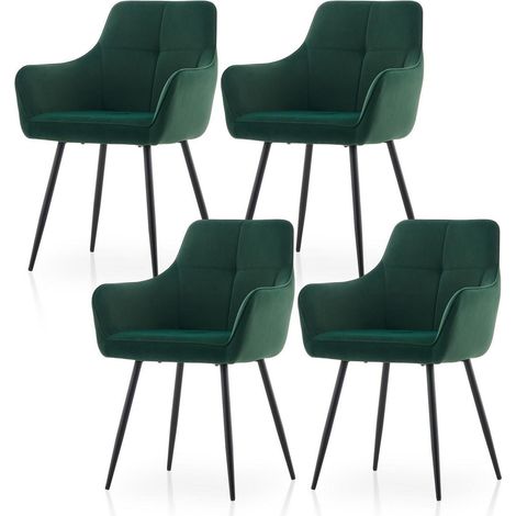 Lot de 4 chaises de salle à manger en velours vert avec accoudoirs et pieds métalliques (1/5)