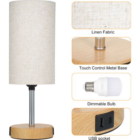 Lampe de table de chevet avec ampoule LED blanc chaud, lampe de bureau, contrôle tactile, ports de charge USB A Type-C, prises de courant AC, 3 niveaux d'intensité variable pour salon, chambre à couch (1/5)