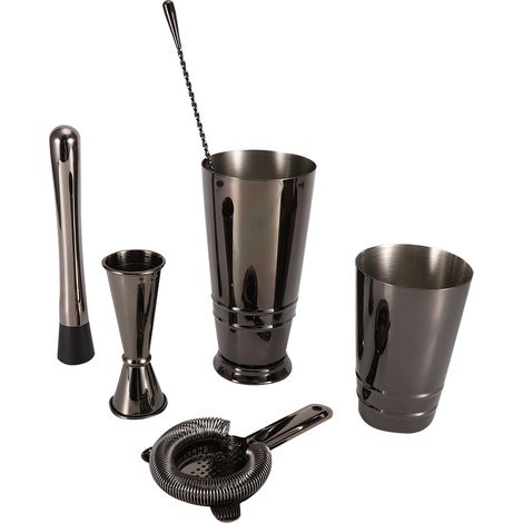 5-teiliges Cocktailset aus schwarzem Edelstahl: Shaker, Jigger, Barsieb und Mixlöffel (1/5)