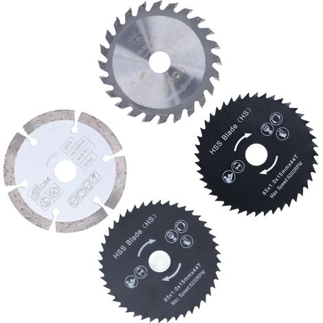 Lot de 4 mini lames de scie circulaire en acier allié, 85 mm, pour la coupe du bois et du plastique.