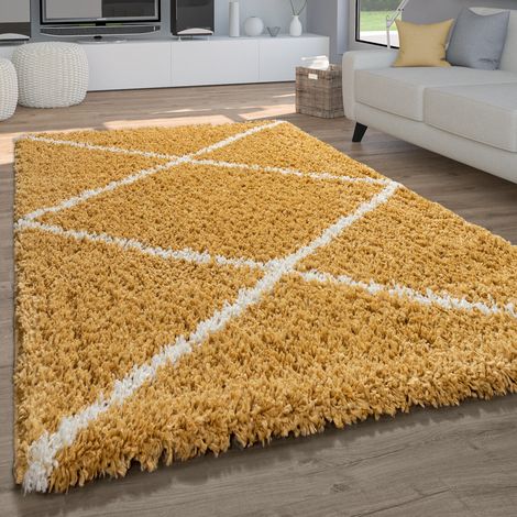 Paco Home Alfombra Salón Pelo Largo Shaggy Pelo Largo A Rombos Escandinava 80x150 cm, Amarillo