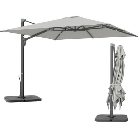 Ombrellone a Sbalzo con Manovella e Base a Croce, in Poliestere, Alluminio e Metallo, 365x297x256 cm, Grigio Chiaro
