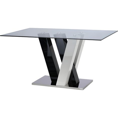 Vente-Unique – Table de salle à manger 6 places – Plateau en verre trempé 10mm – Pied central en MDF laqué noir et blanc – Charge max 100kg