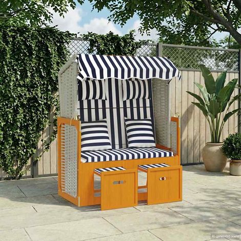 vidaXL Silla Strandkorb con cojines ratán sintético madera blanco azul (1/4)