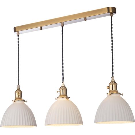 Dar Hadano Suspension Hadano à 3 barres lumineuses, laiton naturel et abat-jour en céramique.
