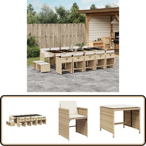 15-tlg. Garten-Essgruppe mit Kissen Beige Poly Rattan - Gartenmöbel Set - Gartentisch - Gartenstühle - Gartenhocker - Rattan Möbel