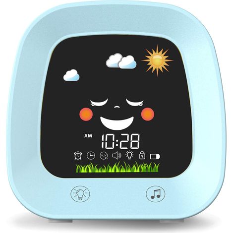 Réveil enfant bleu, horloge d’apprentissage du sommeil avec veilleuse et machine à sons, minuteur de sieste, réveil ludique pour garçon et fille, 1 pièce (1/5)