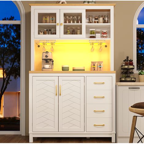 Aparador buffet 105.5x40x180 cm blanco en MDF con LED, 4 puertas y gran capacidad de almacenaje (1/5)