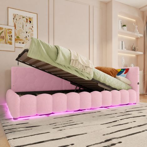 Letto contenitore singolo 90x200 cm, con sollevamento idraulico, USB Type-C, luce LED, velluto rosa, senza materasso (1/5)