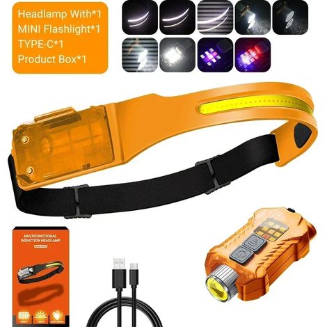 (XW005-orange) Lampe frontale LED à capteur, batterie intégrée, rechargeable USB, lampe torche LED pour le camping, la pêche et la recherche. (1/5)